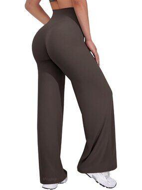 Women's Dark Brown High Waist Stretch Casual Straight Bottoms Wide Leggings